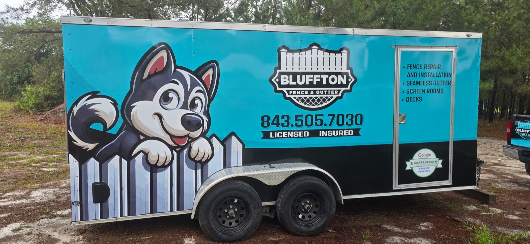 Bluffton Fence & Gutter branded service trailer, family-owned and operated